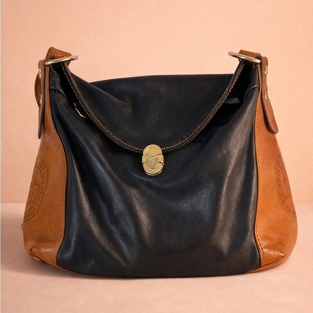 Marino Orlandi Two-Tone Black and Brown Leather Shoulder Bag with Gold Hardware